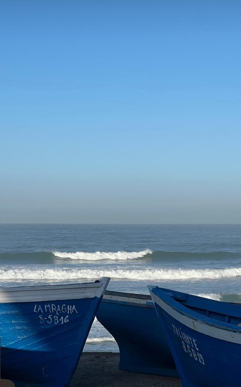 Blue wooden fishing boats pulled up above the shoreline with waves breaking beyond